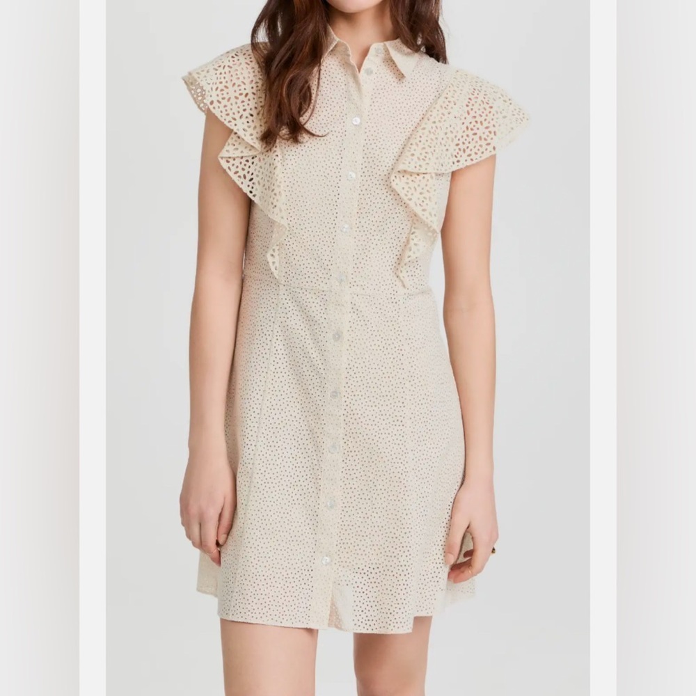 THEORY Nova Button Down Ruffle Eyelet Ecru Beige 100% Cotton Shirt Dress EUC 10